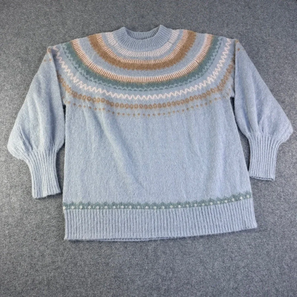J. Crew Fair Isle Alpaca Wool Blend Yoke Sweater Dusty Blue BD152 Womens L NWT